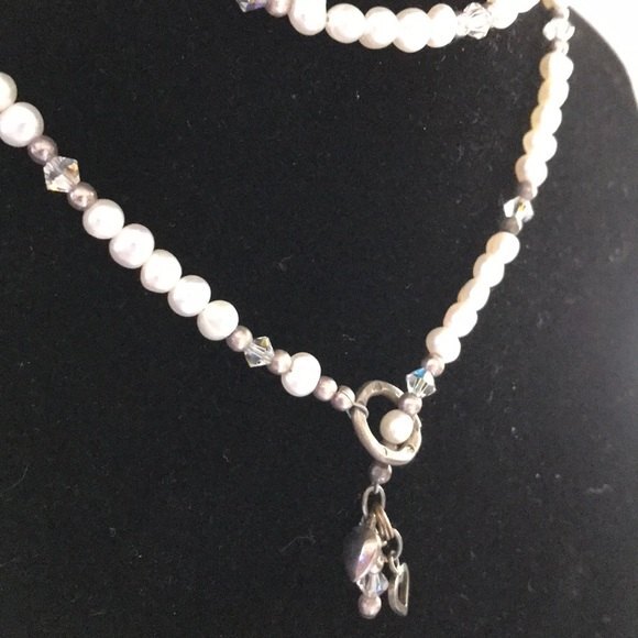 VTG Handmade Pearl Lariat Necklace Swarovski Crystal Sterling Silver Hearts 24 - Picture 3 of 8